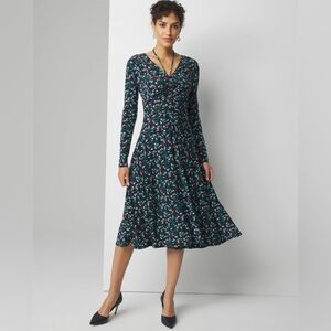 WHBM Long Sleeve Ruched Midi Dress XS Abstract Floral V Neck
